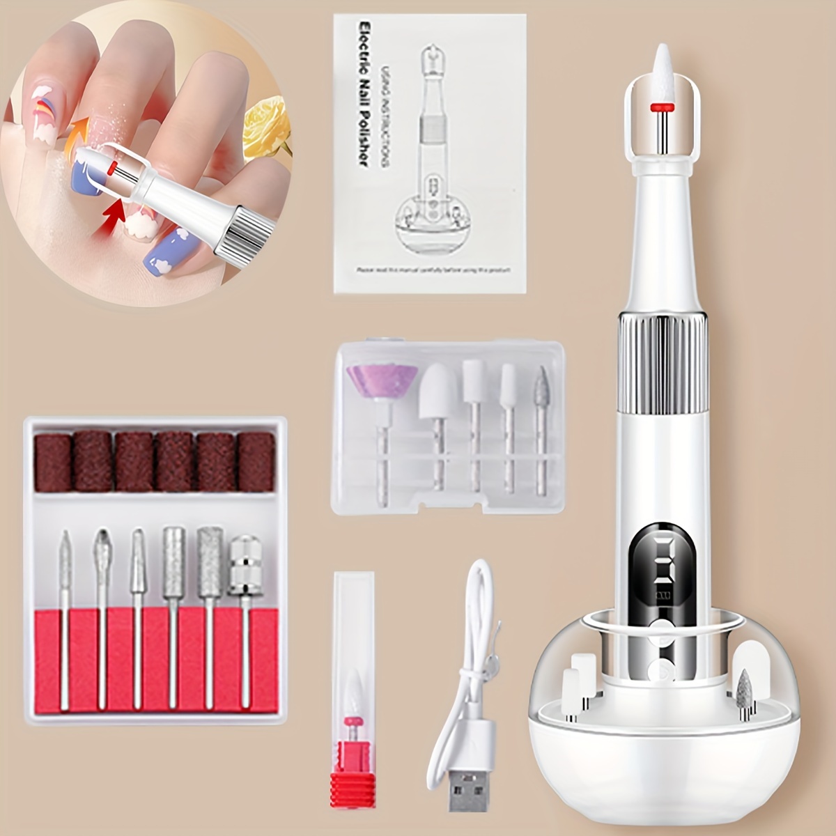 

Electric Nail Drill Machine With 12 Grinding Heads And Round Base, Manicure Pedicure Set With Dust Cover, Usb Powered, Adjustable Speed For Salon Home Use