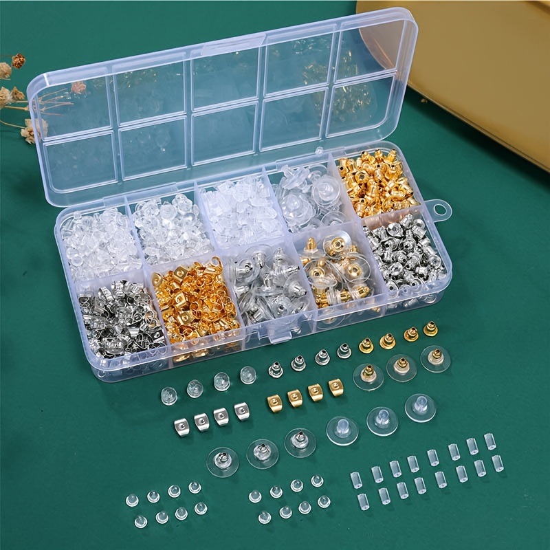 

1000pcs/set, 10 Styles Silicone Earring Backs, Rubber Bullet Clutch Stopper And Clear Disc Pads, Butterfly Earring Safety Backs With Storage Case For Diy Jewelry Making