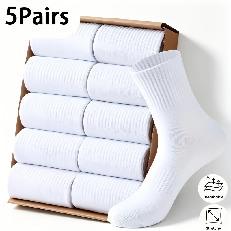 TEMU 5 Pairs Of Premium Men's Mid-calf Sports Socks, Comfortable For Spring, Summer, And Autumn, Simple And Casual White Business Socks