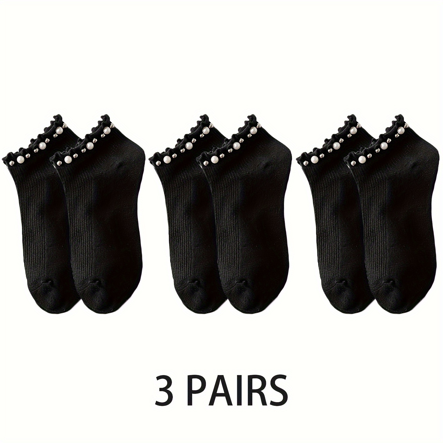 3 Pairs Women's Socks Black And Colors Pearl Studded Romantic Fashion Elegant Women's Versatile Trendy Socks