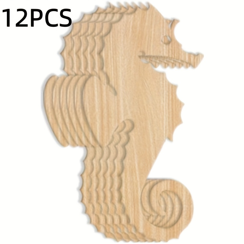 TEMU [2D Flat] 6 oder 12 Stück vorgeschnittene Seepferdchen-Holz-Hohlteile, natürlich glatt, unbeschichtet, und exquisite Form. Kann , lasergraviert,