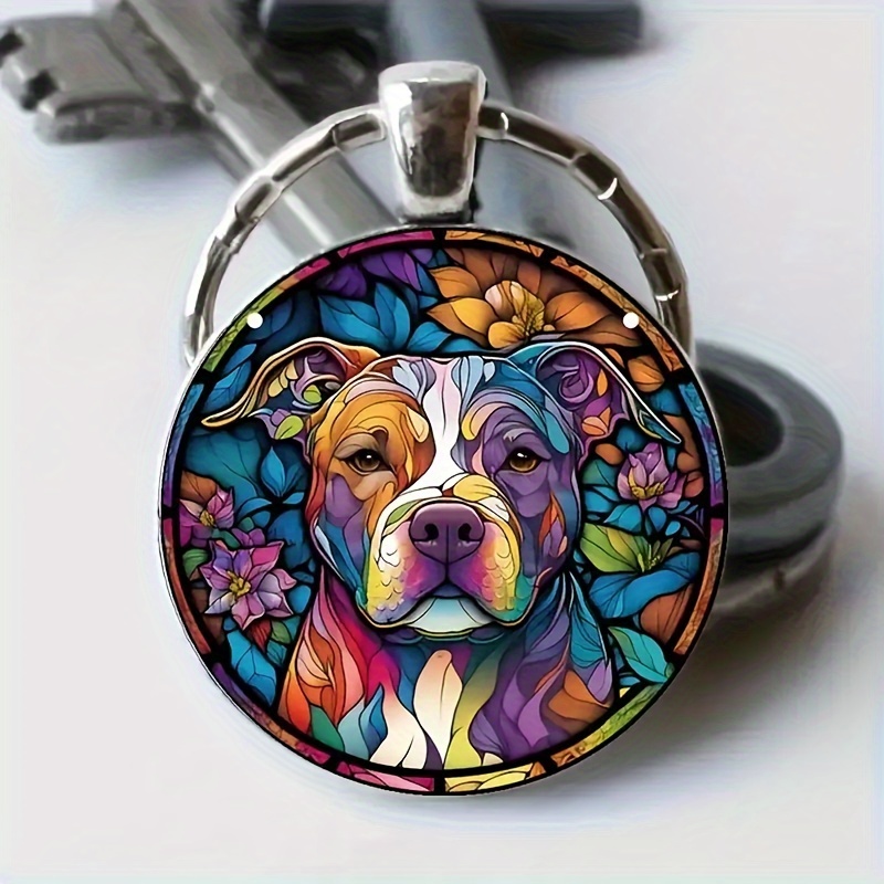

Stained Dog Keychain, Steel Keyring, , For