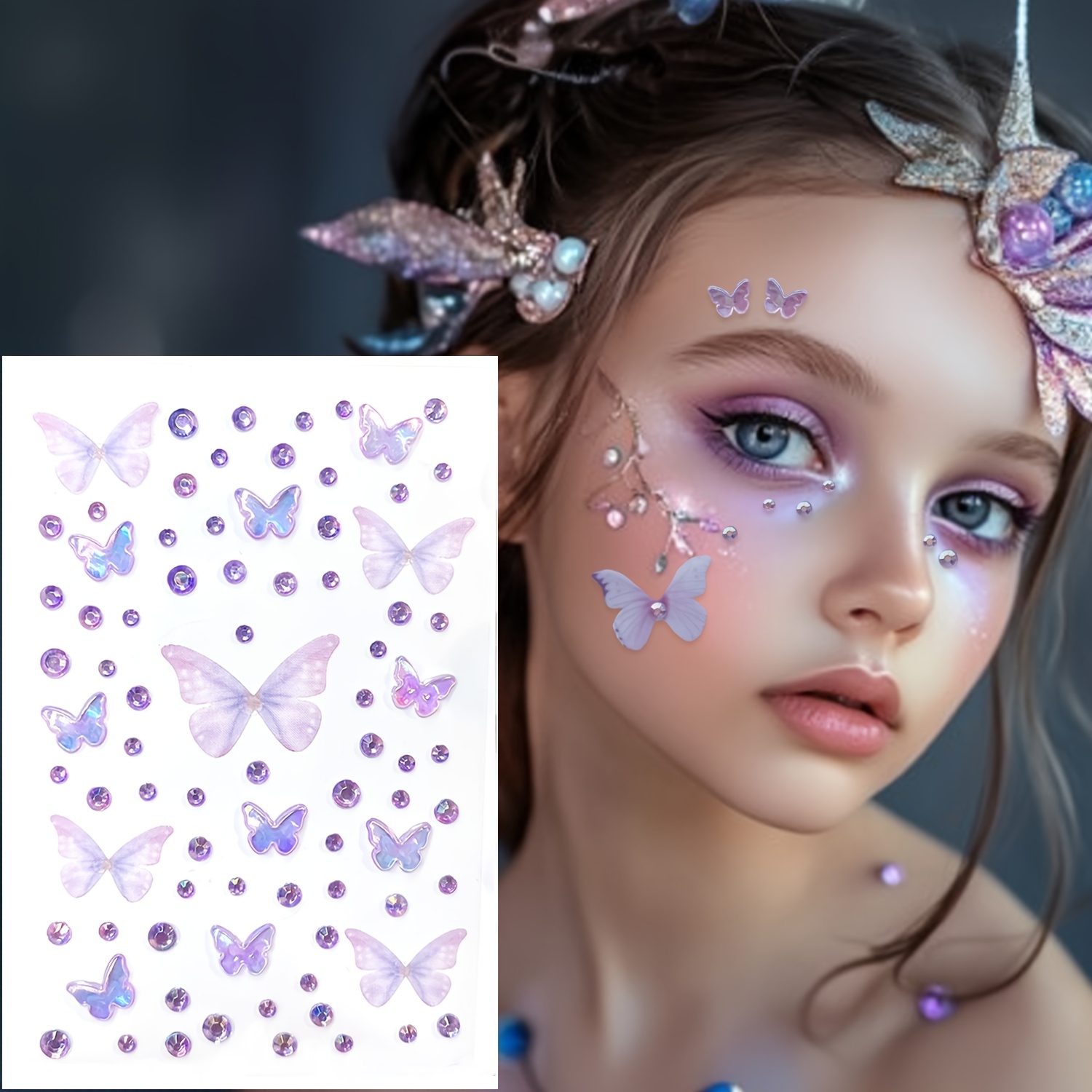 TEMU 1pc 3d Purple Face Sticker, Colorful Fairy Round Rhinestone, Self-adhesive Face Makeup Sticker For Body Decoration