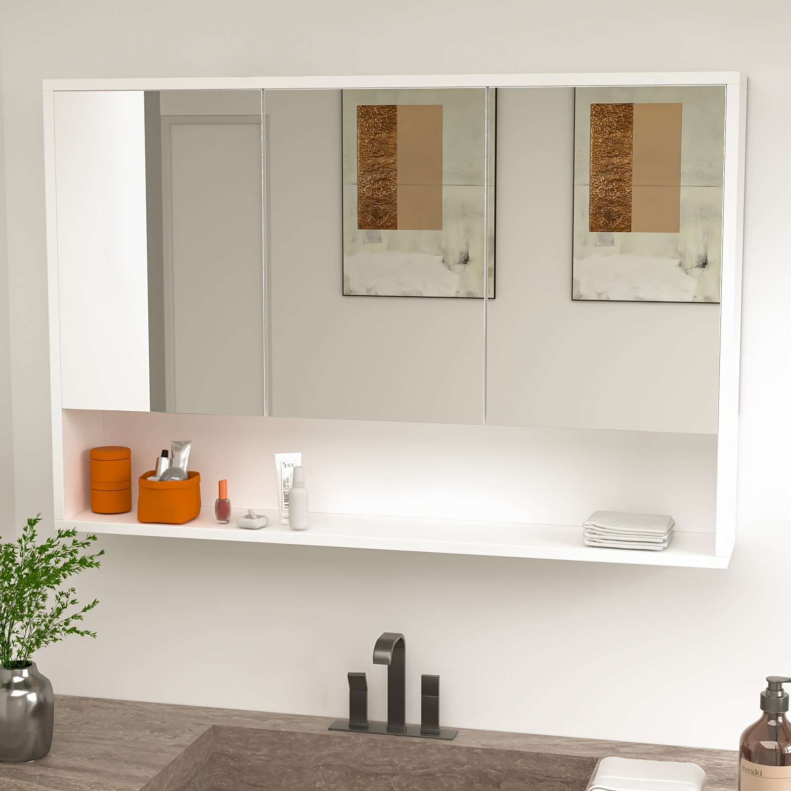 Msutree 3-door Bathroom Mirror Cabinet, Wall-mounted Storage Unit Featuring A Large High-quality Mirror, Sturdy Mdf Medicine Cabinet, Space- Solution For Bathroom Shower * 600mm