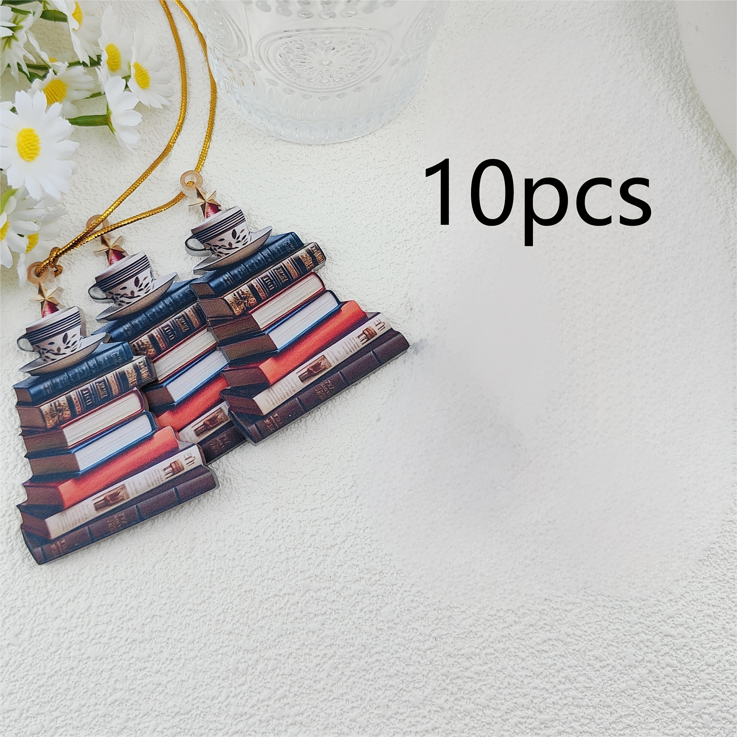 Image of 10pcs Vintage Book Pile Christmas Tree Ornaments - Resin Book-shaped Decorations With Golden Hat And Red Ribbon Bow, Layered Embellishment, Holiday