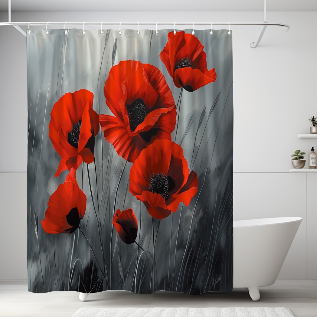 

Poppy Flowers Printed Shower Curtain With 12 Hooks - Waterproof, Digitally Printed, 71" X 71" - Perfect For Bathroom Decoration