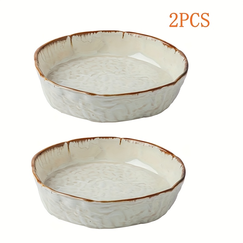 Image of 2pcs Handmade Ceramic Bowls, Serving Plates, Salad Plates, Vintage Ripple 8-inch Deep Dishes, Large Ceramic Soup Bowls, High Cost-performance Fruit Plate Vegetable Plate
