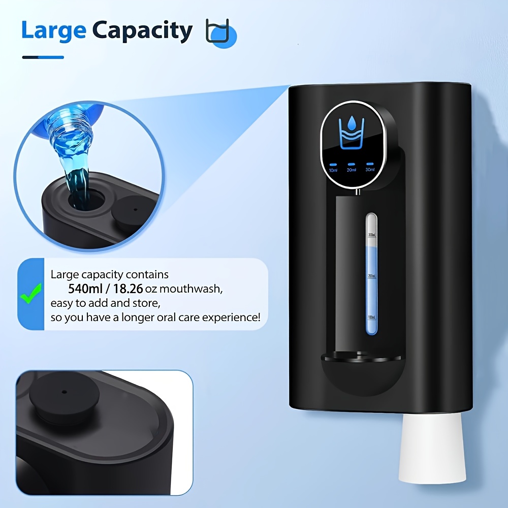 Automatic Sensing Mouthwash Dispenser, Smart Electric Mouthwash Dispenser, Wall-mounted without Drilling, USB Rechargeable, with Display, Personal Care, Oral Cleaning Liquid Automatic Dispenser, Remaining Water Tank Capacity Visible, 3-speed Output Adjustable, Large Capacity, with 2 Mouthwash Cups, Bathroom Supplies