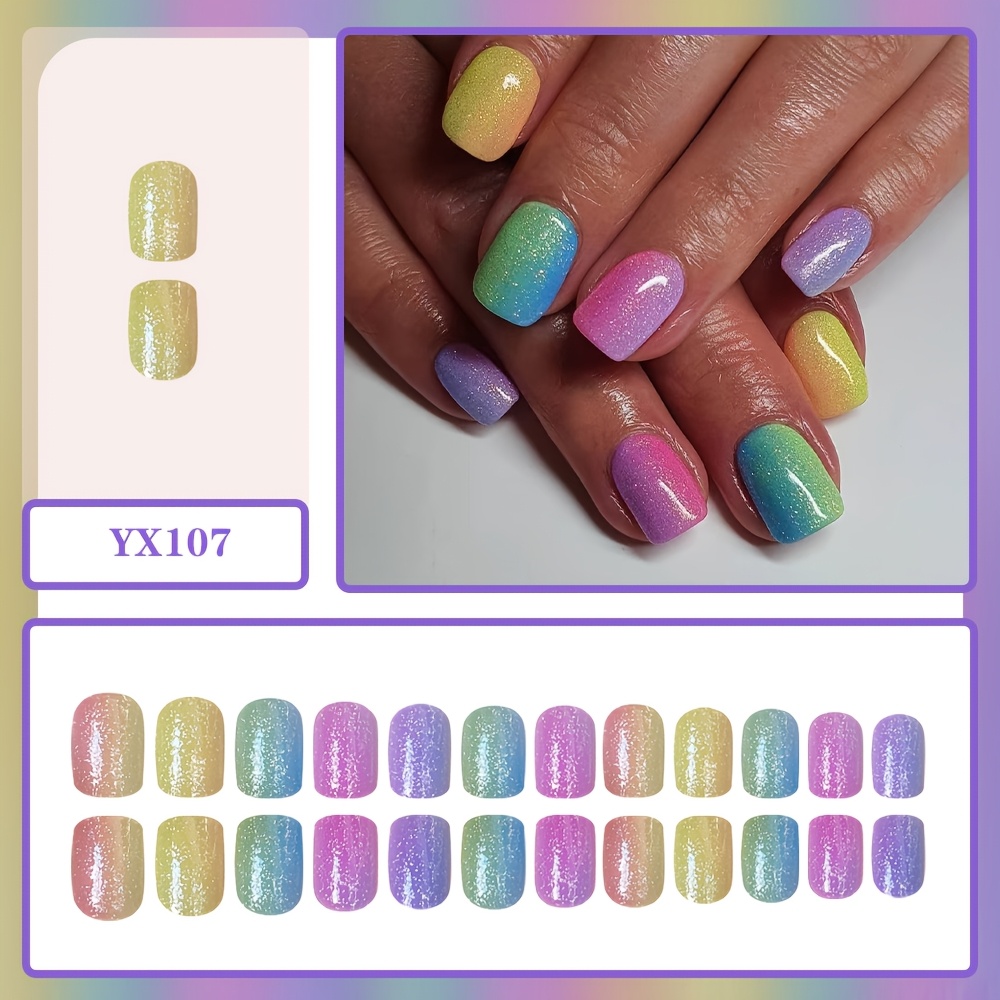 24pcs Short Square Nail Colorful Gradient Nail Stickers Wearable Removable Press-on Nails