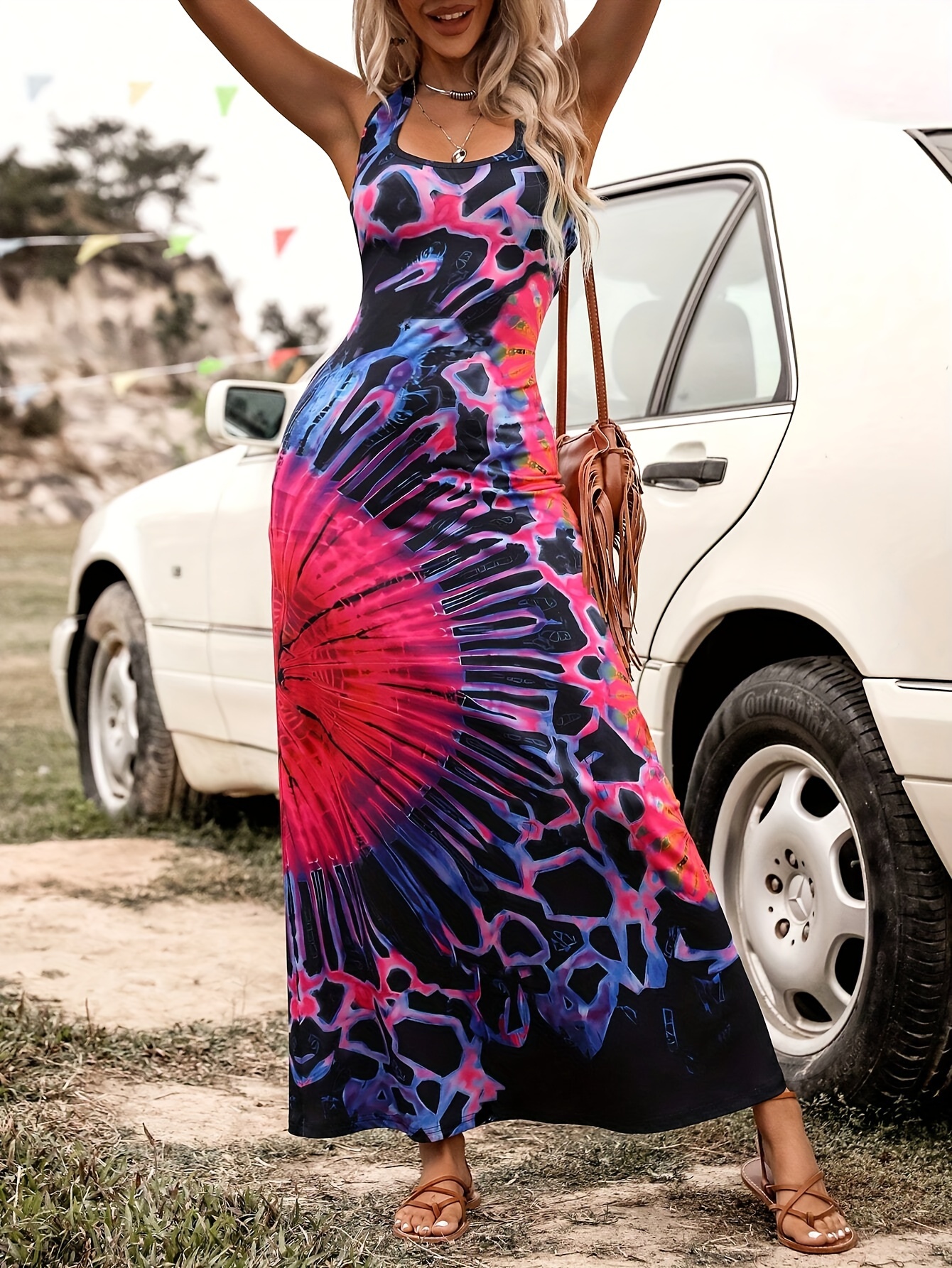 womens elegant backless cross back tie dye print dress - Temu
