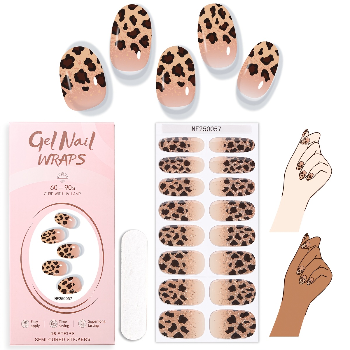 Image of 16pcs Semi-cured Gel Nail Wraps, Fashionable Gradient Leopard Print Nail Art Nail Stickers, Classic Retro Style. Self-adhesive, Need Lamp Sticker. Perfect For Women's Festive Or Party Nail Projects.