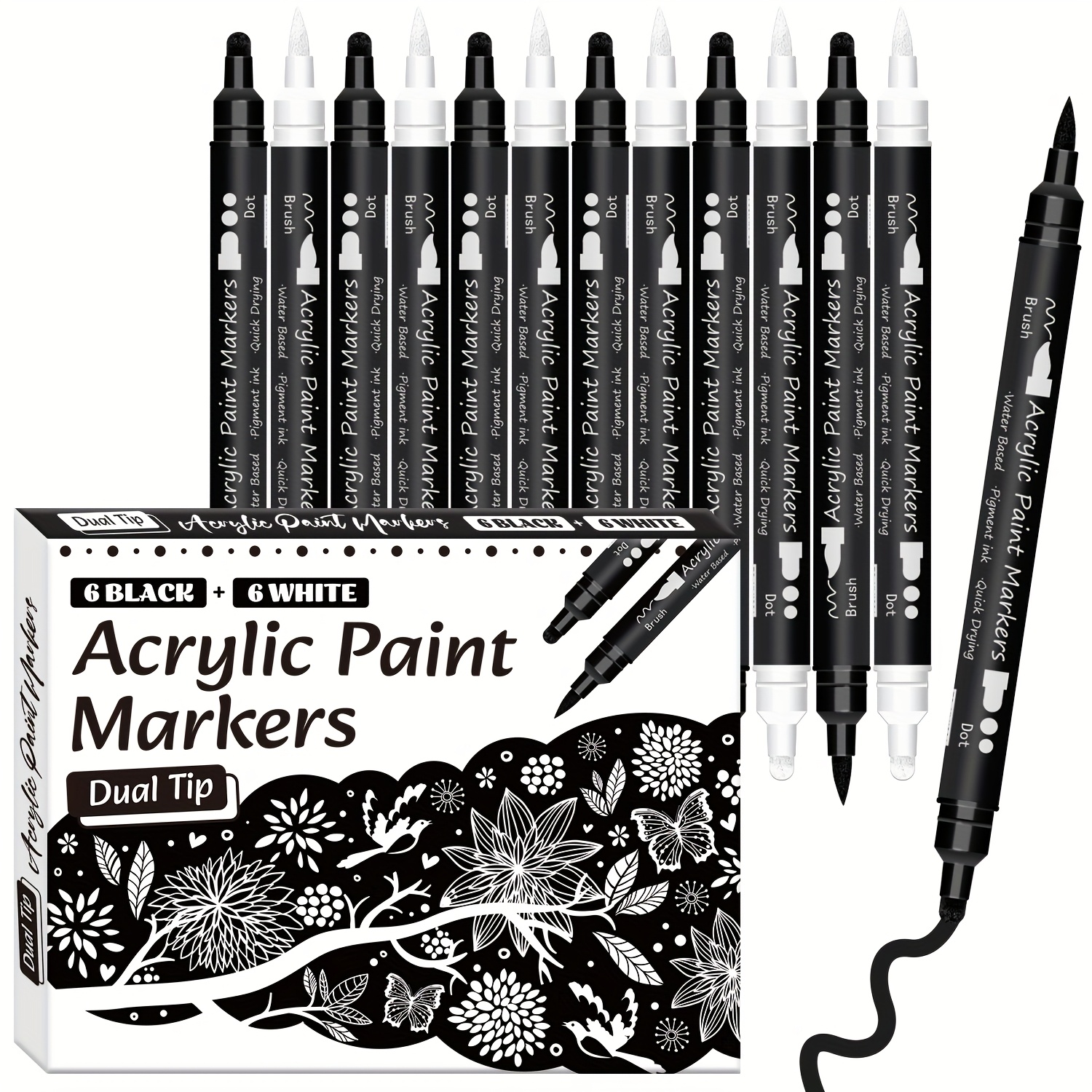 12 Pack Black And White Acrylic Paint Markers - Dual-ended, Brush And Dot Tips, For Multi-surface Use, Professional Art Set