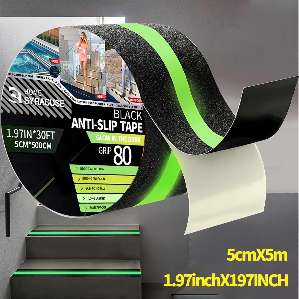 TEMU 1pc Ruban Antidérapant Renforcé Phosphorescent, Adhésif Étanche pour Sécurité, Haute , Noir avec Bande Verte pour Marches d'Escaliers Extérieurs