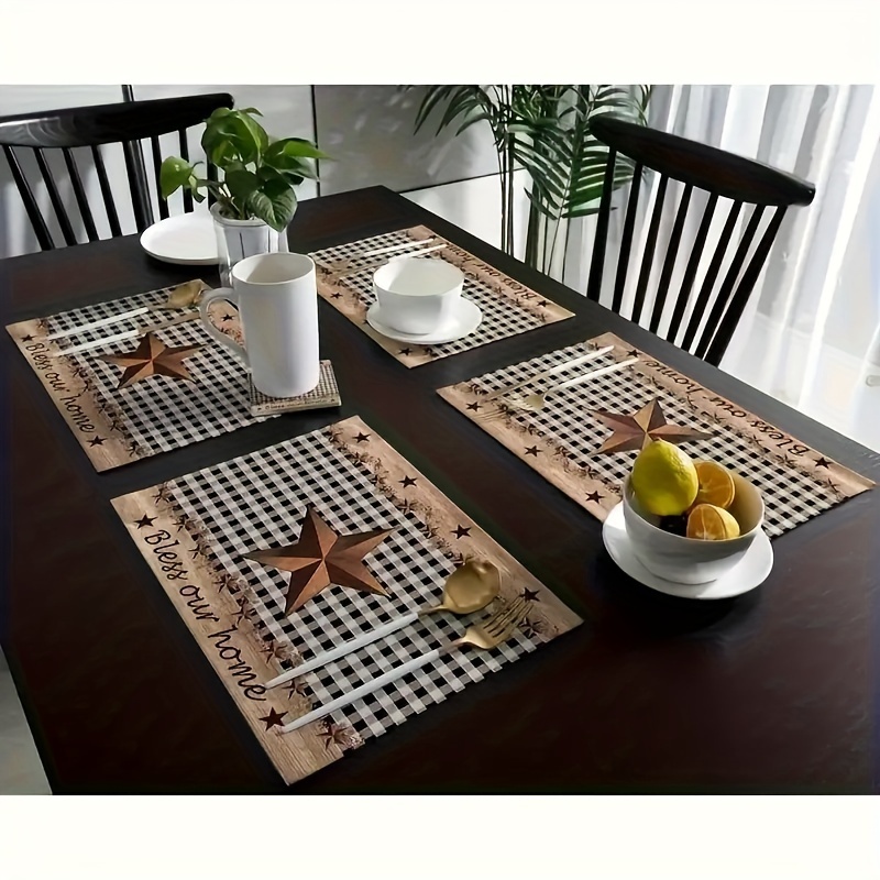 

4pcs Farmhouse Star Placemats, And Brown Gingham, Vintage Country Style, Heat Resistant Non-slip, Polyester, With Woven Rectangle Table Mats For Dining, Kitchen, Holiday Parties, And Weddings