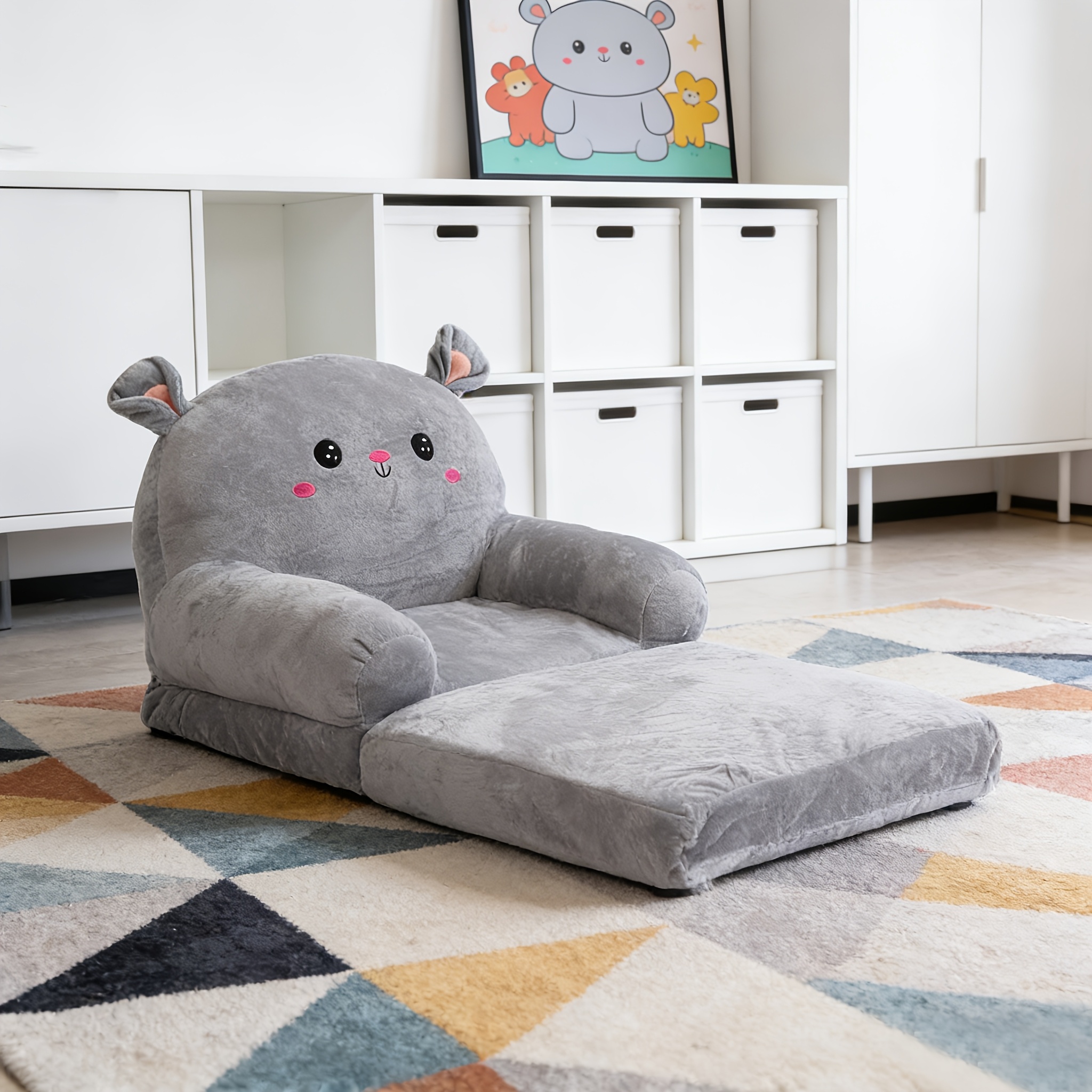 Cozy Kid Folding Sofa, Plush, Washable Lounge Chair for Playroom & Nursery, Gray Dog Style Foldable Wide Handle Soft Breathable Toddler Chair for Reading Relaxing Sleeping(2 Layers)