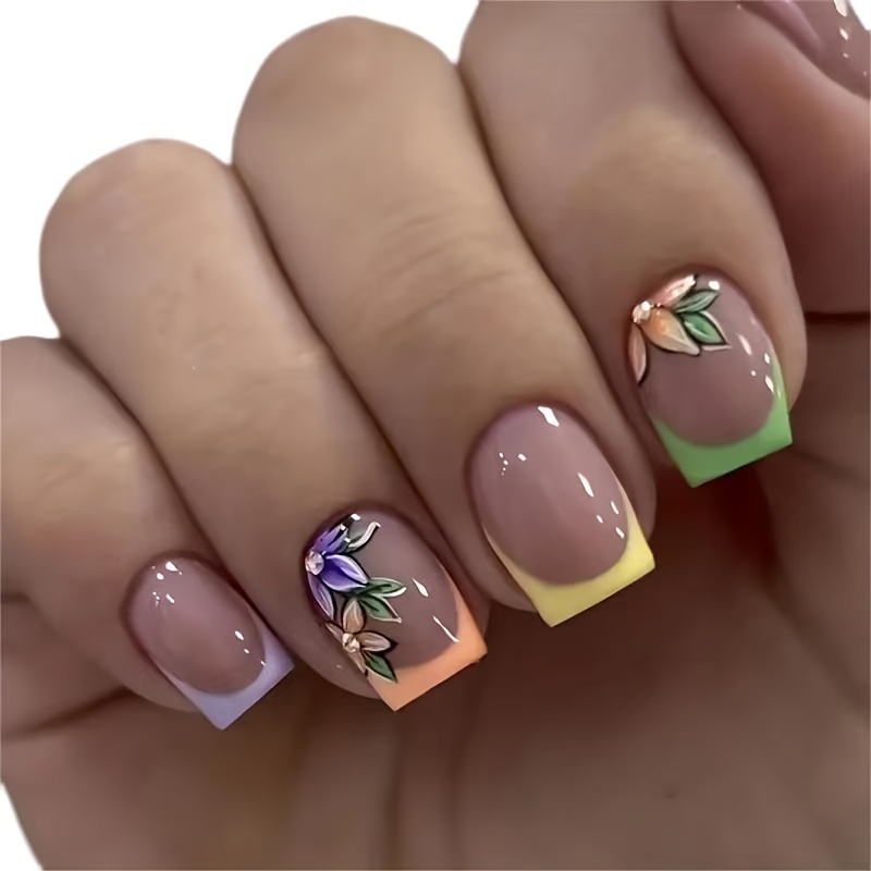 

Medium Square Press On Nails French Tip Fake Nails With Summer Flower Design, Full Cover False Nails For Women And Girls