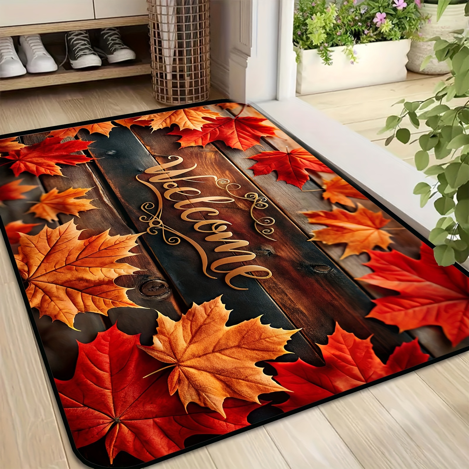 Image of Autumn Welcome Doormat - 1pc Non-slip, Polyester , Machine Living Room, Bedroom, Bathroom, Kitchen And Laundry - Durable, Fade Resistant Entry Rug