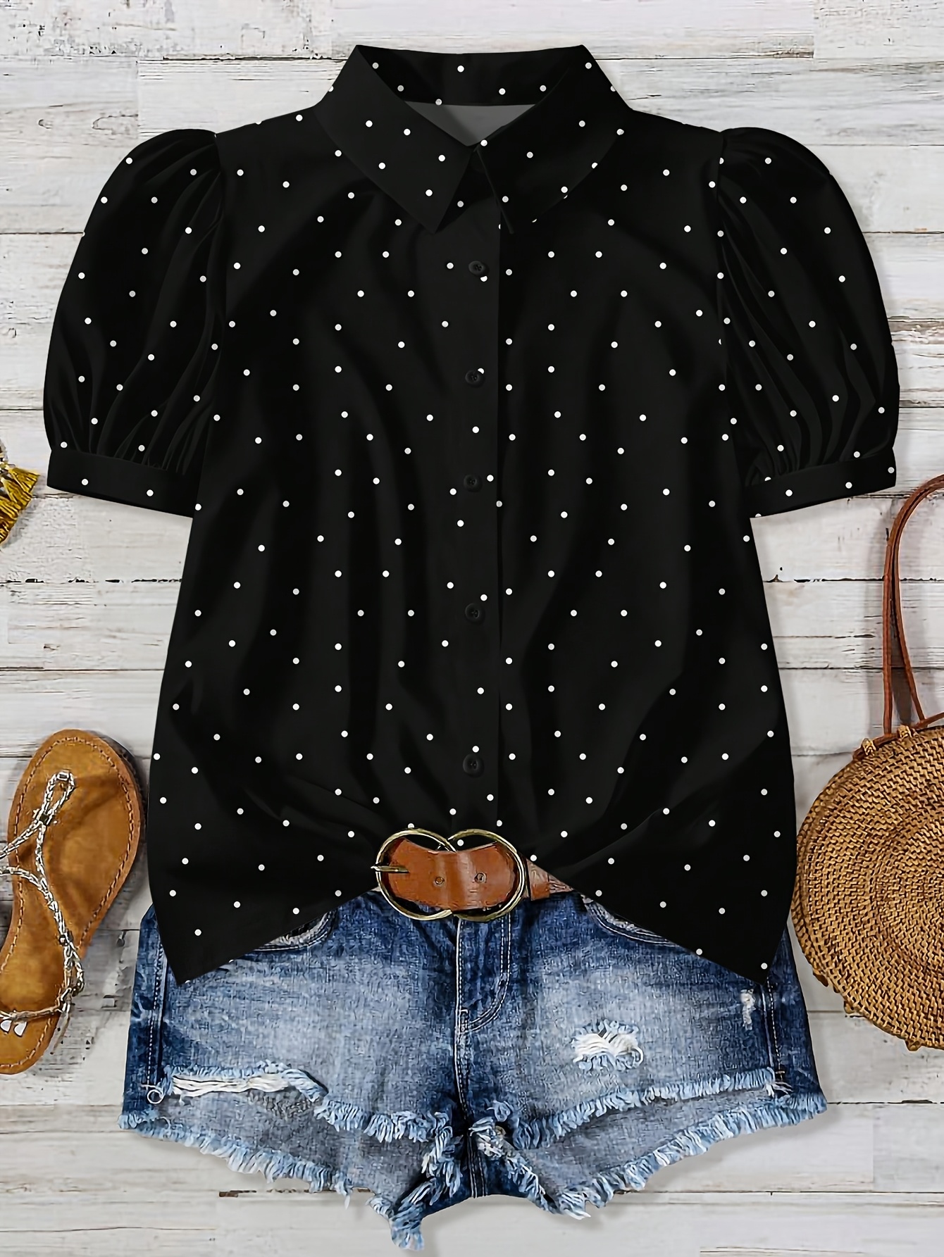 2026 Summer Women's Elegant Fashion Lapel Polka Dot Print Blouse, Puff Sleeve Top