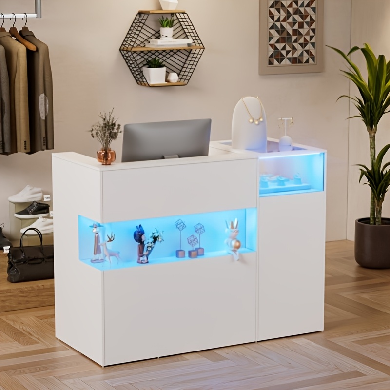 Image of 130cm Reception Desk, Modern With Glass Display Shelf, Front Open Shelf, Drawers And Cabinets, For Office, Salon, , 130 X 60 X100cm, White