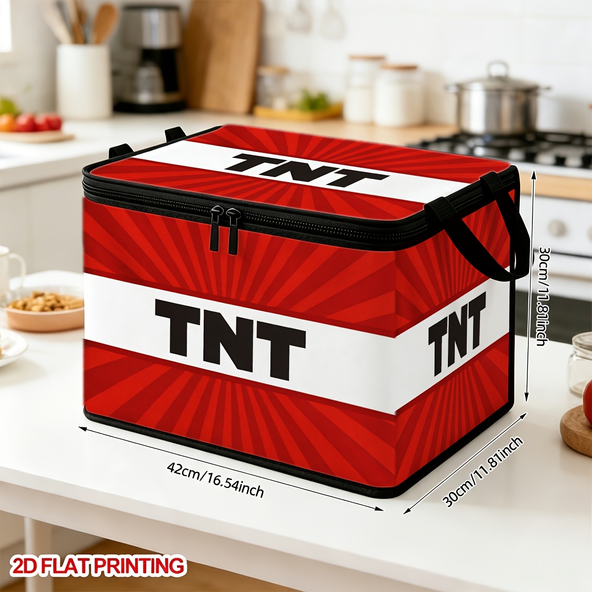 TEMU 1pc Boîte de rangement grande avec imprimé lettre TNT rouge, Organisateur de vêtements carré à fermeture éclair, Noir avec poignée, portable,