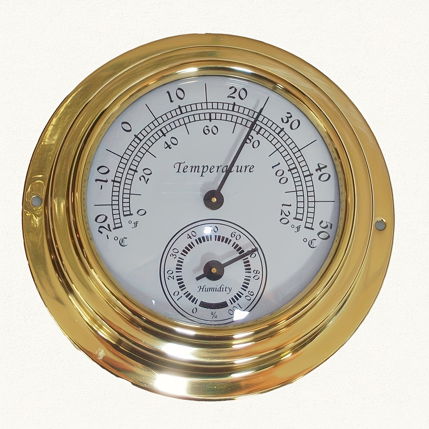 1 Piece Of Battery-free Brass-finished Indoor Thermometer And Hygrometer, Made Of Metal, Designed For Wall Mounting, Non-contact, With A Humidity Range Of 30-50°c/20-120°f.