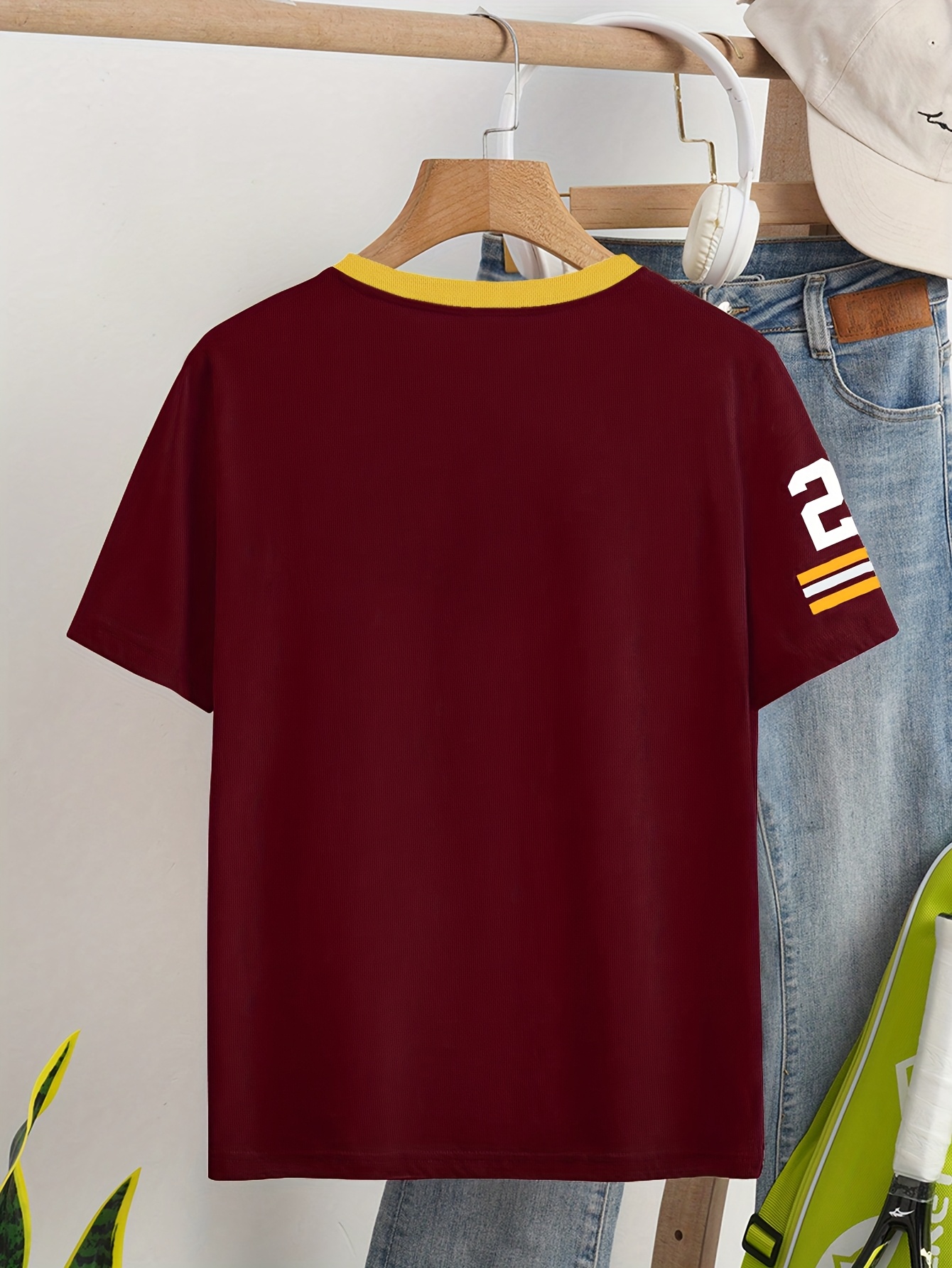 Women's V-Neck Short Sleeve Casual Letter & Number Print Loose Comfort Fashion T-Shirt - Maroon with Golden Accents, Lightweight Polyester, Perfect for Summer Style, Summer Tshirt | Casual Fashion | Polyester Fabric, Ladies T Shirts