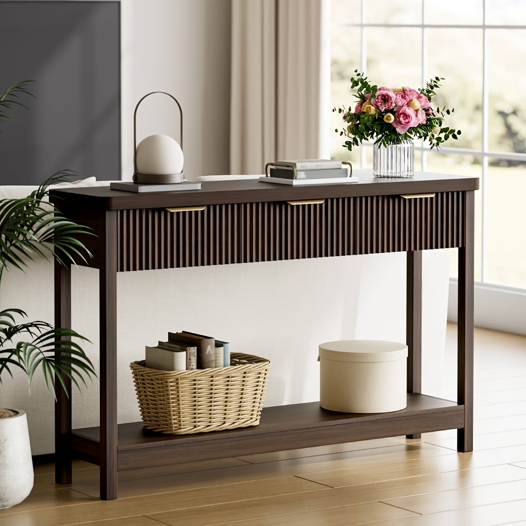 51 IN Fluted Console Table with 3 Drawers, Modern Entryway Table with Metal Handles, Sturdy Solid Wood Design, Hallway Table with Storage, for Living Room And Hallway
