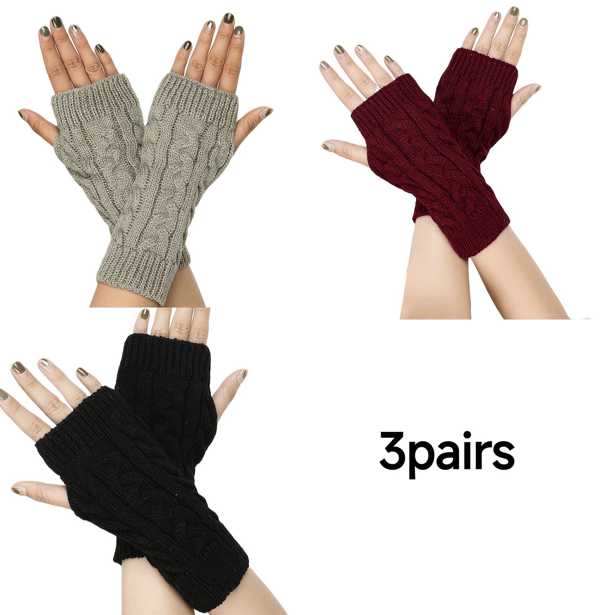 Three-Pair Set of Autumn/Winter Cable Fingerless Arm Warmers