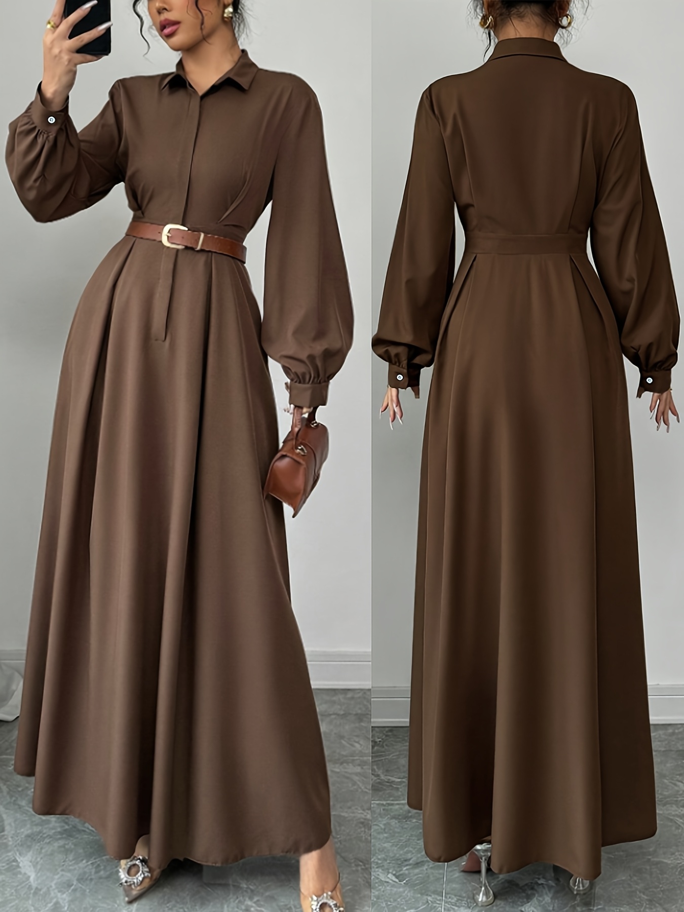 Robe chemise longue à poche et ceinture à la taille