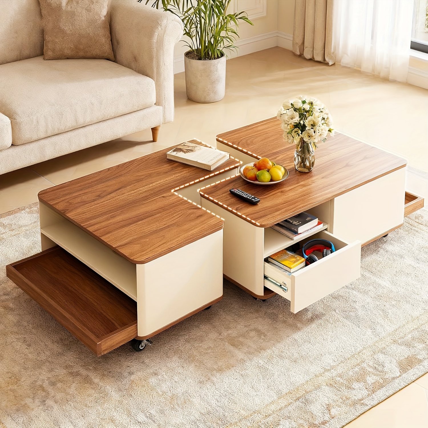 Table On Wheels, Versatile Living Room Table With 2 Drawers, Storage Side Table, Sofa Table For Living Room, Combinations