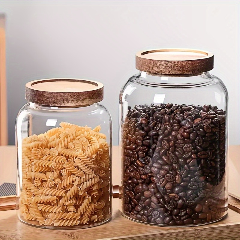 

1pc Airtight Glass Storage Jar With Wooden Lid - 40oz/60oz/95oz Capacity For Coffee, Tea, Sugar, Candy, Cookies, Spices - Kitchen Pantry Organization & Food Preservation