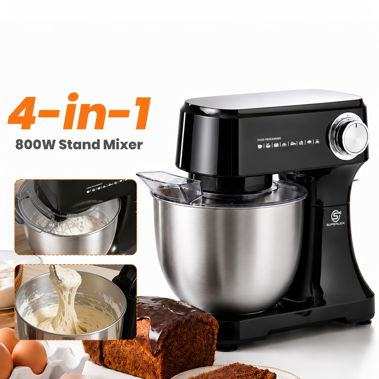 Image of Superlex 800w Stand Mixer 10 Speed Tilt-head Kitchen Mixer With 4.5l Stainless Steel Bowl, Anti-slip Feet, Dough Hook Whisk Beater Attachments Dishwasher Safe For Baking Cake Bread.