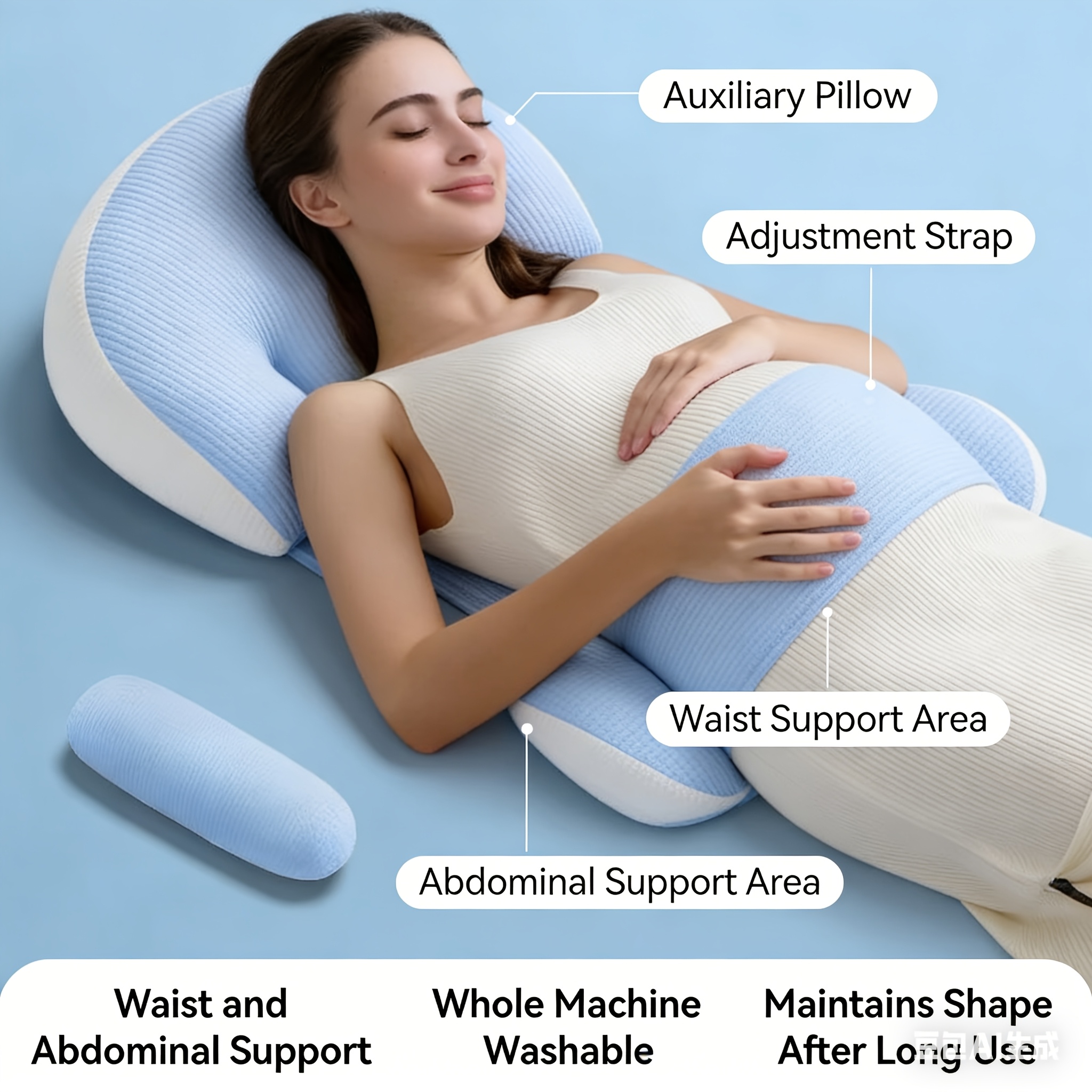 TEMU Corduroy Blue Pregnancy Pillow Designed For Side Sleeping, Providing Lumbar Support And Abdominal Support, Washable U-shaped Multifunctional