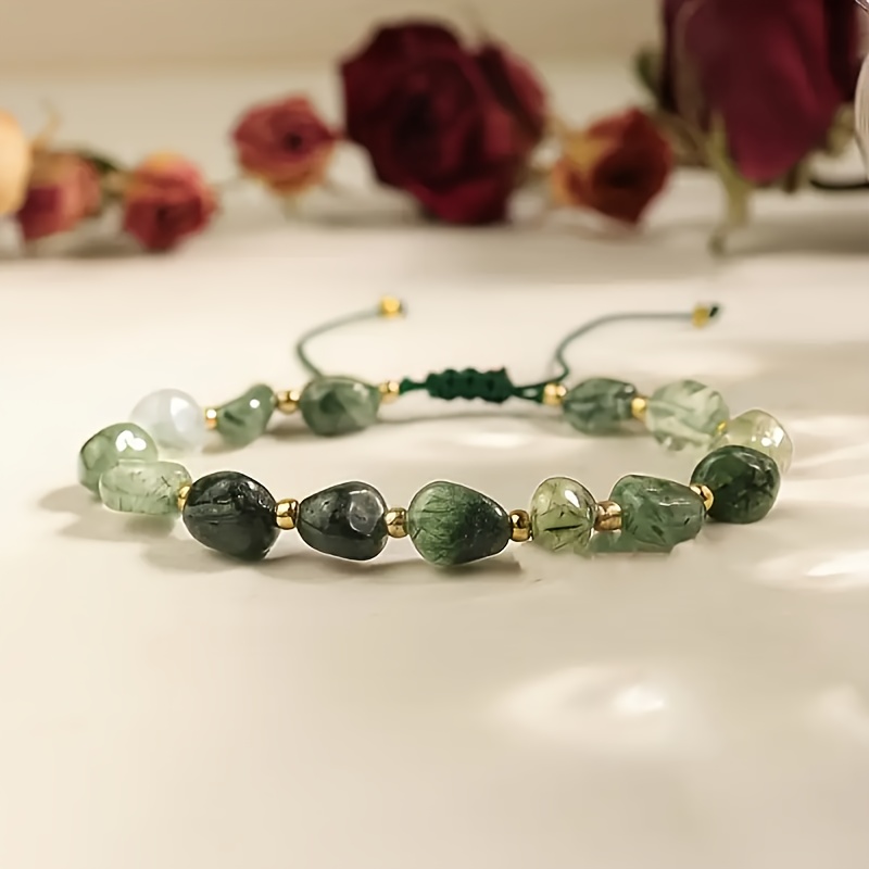 E-shop 1 Stück Naturstein Armband für Damen - Einzigartige unregelmäßige Form, handgeflochtenes Design, verstellbares grünes -Bohème-Armband mit 14K