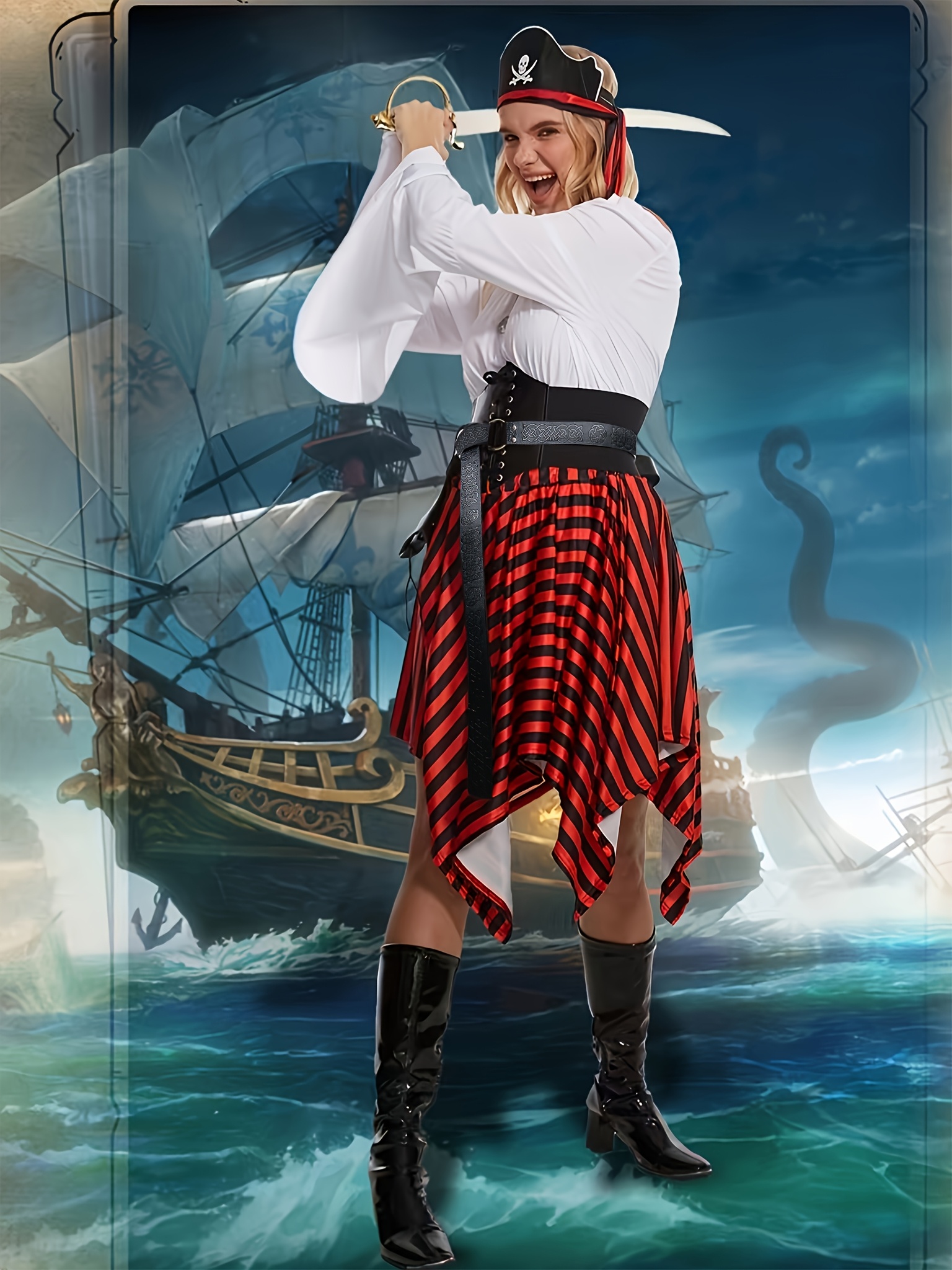 Costume medievale da pirata, corsetto da pirata, accessorio per costume da donna, bandana, cintura per gli occhi, per Halloween, per feste a tema, cosplay (rosso, M