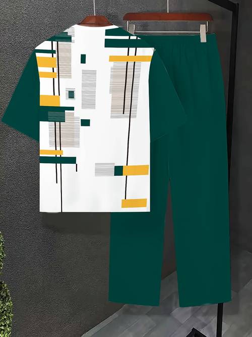 in 2025 color block geometric patterns 2pcs set of mens short sleeved shirt and long pants 3 printing technology outdoor street suitable for daily for leisure and vacations