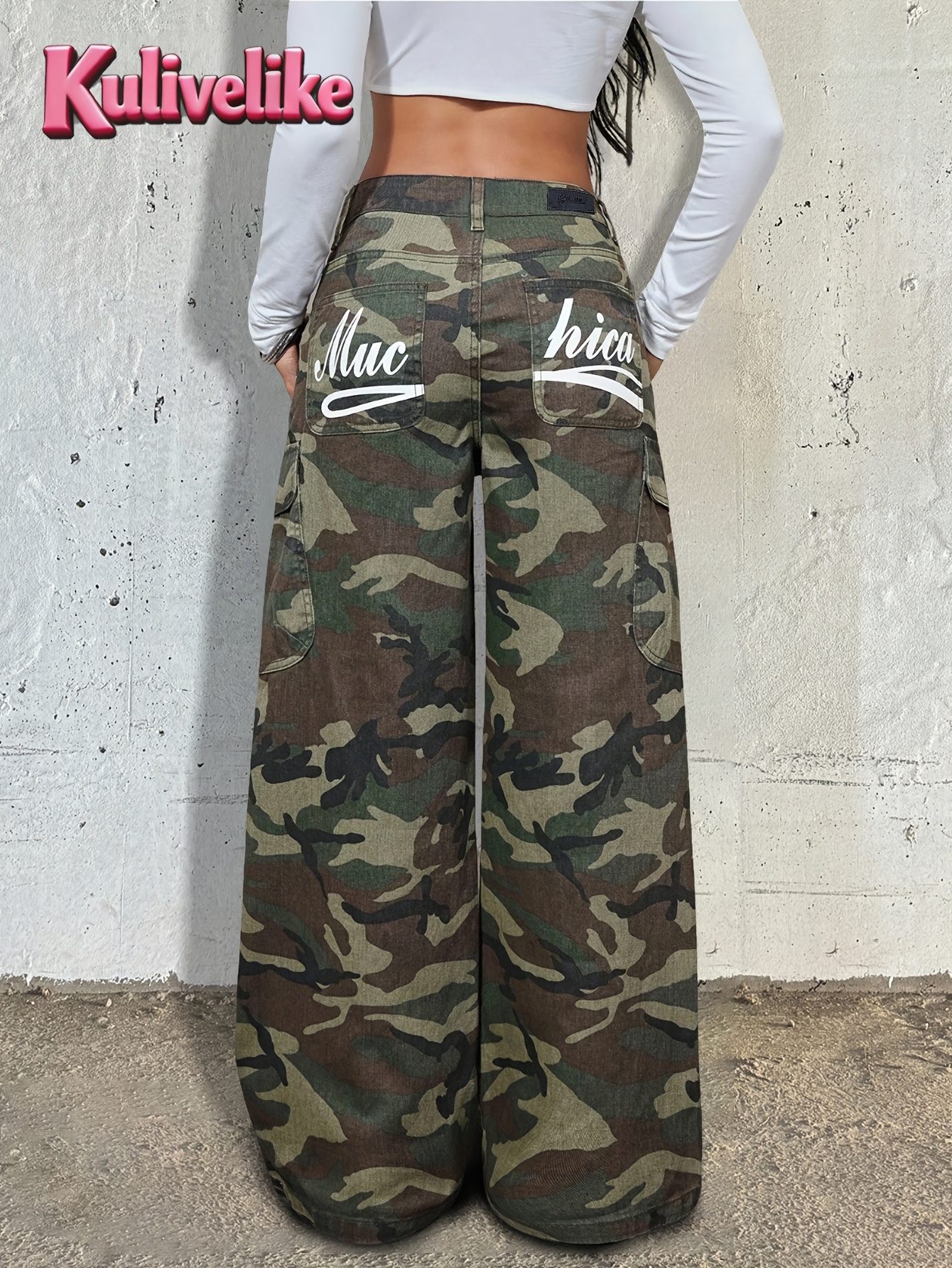 women's camouflage print cargo pants, high waist wide leg baggy