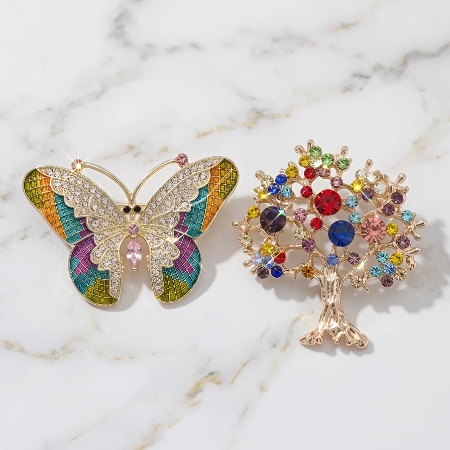 TEMU 2pcs Vintage Colorful Random Rhinestone Brooches, Colorful Tree Of Life Rhinestone Pin With Random Colors, Light Luxury High-end Feel Pin, Suit
