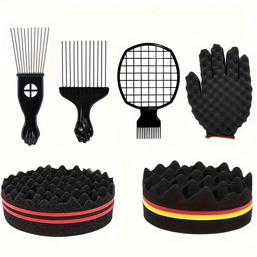 

6-piece Hair Styling Comb Set Including Magic Sponge Glove, Afro Brush, Metal Pick, And Twist Combs For Normal Hair - Durable Plastic Bristles, Abs Handle Finishing Combs Kit