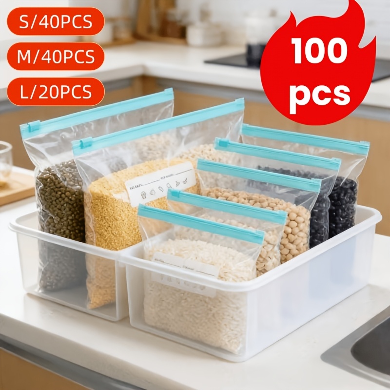TEMU Set da 100 pezzi di sacchetti per alimenti riutilizzabili con cerniera in 3 misure | Design con cerniera durevole | Materiale per uso alimentare