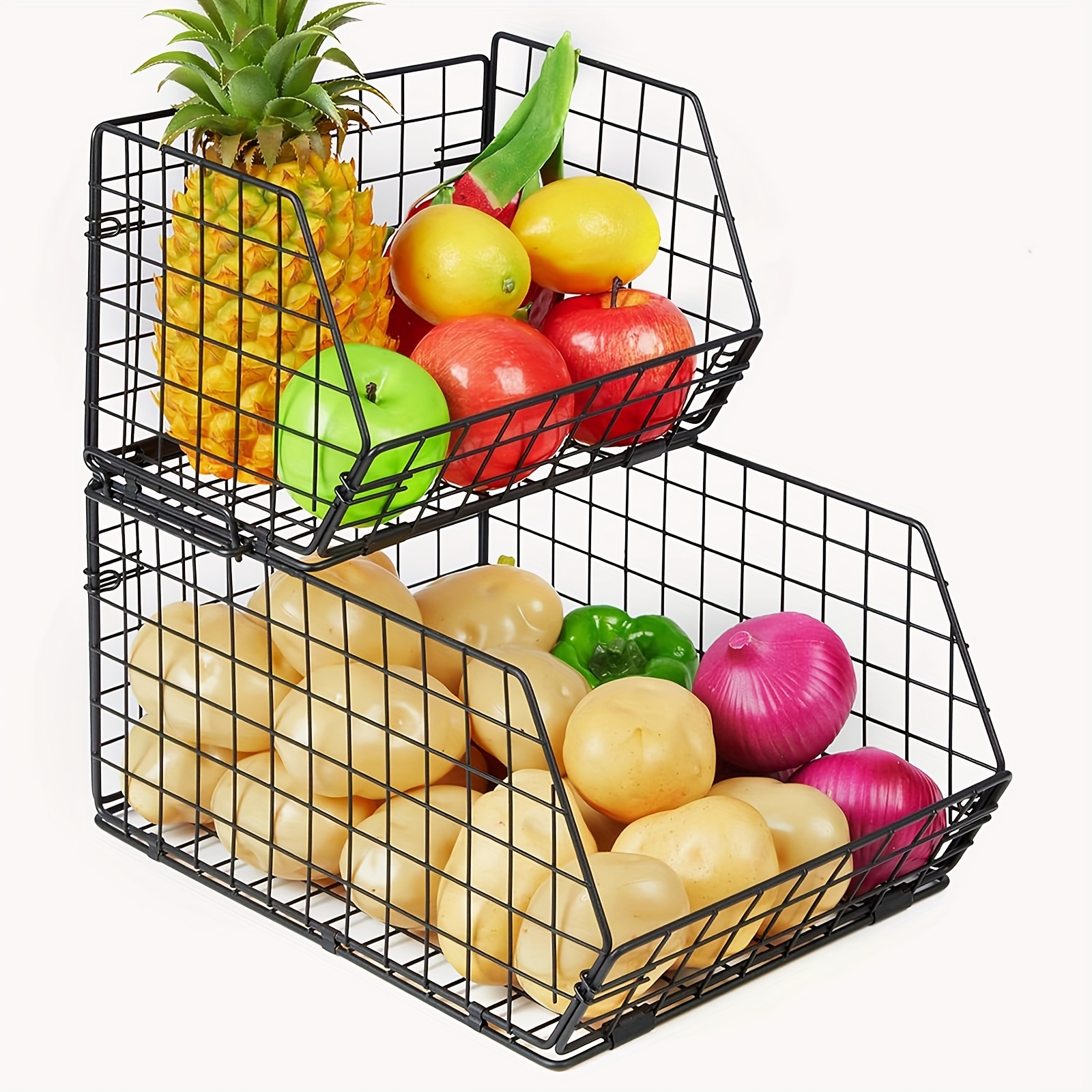 

1pc Stackable Fruit And Vegetable Basket, 2-tier Wall-mounted Storage Baskets For Potato Onion Storage, Metal Kitchen Wire Baskets For Fruit Veggies Produce Snack Canned Foods