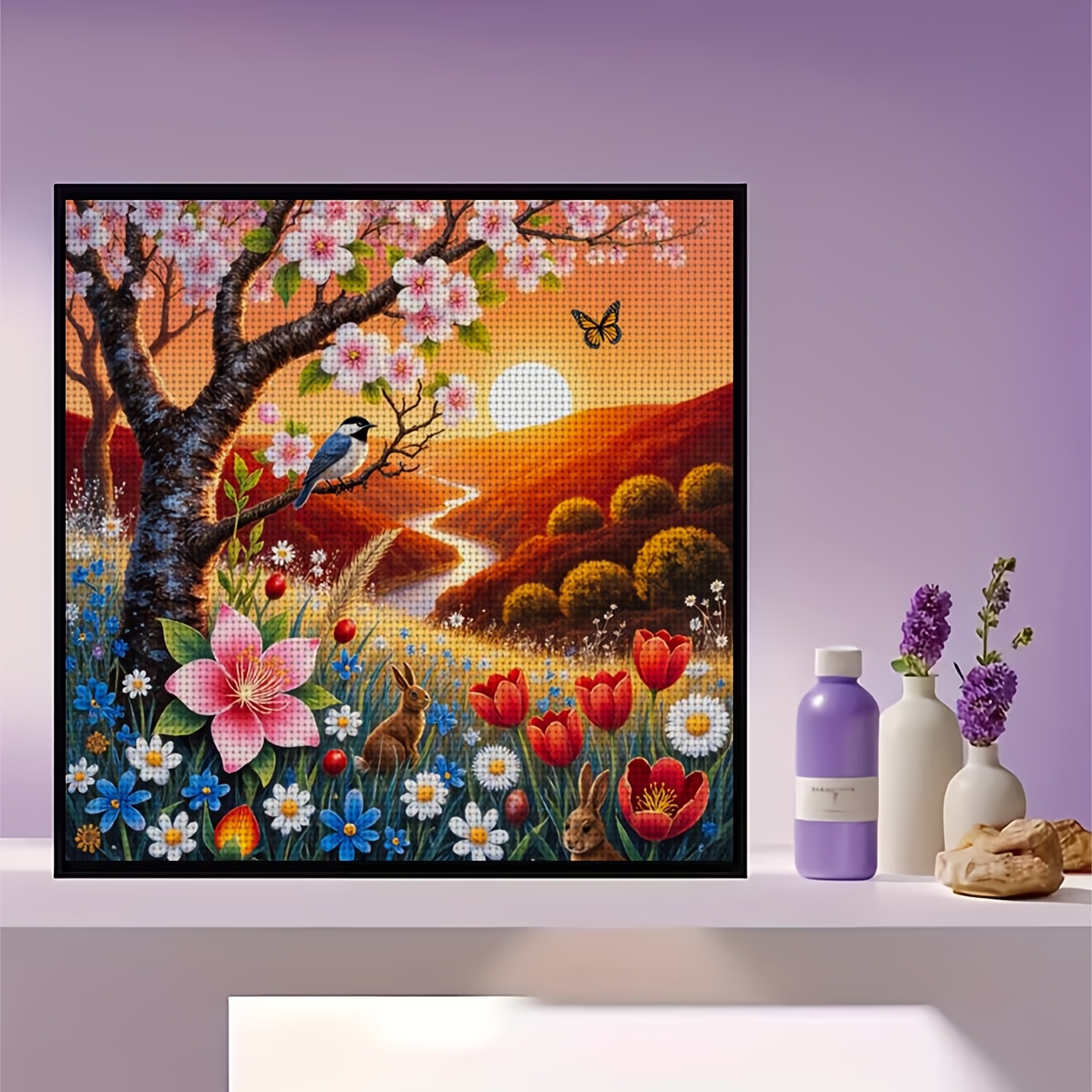 DIY Cross-Stitch Printed Kit with Flower Tree and Birds