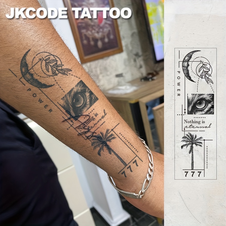 Image of Waterproof Design Semi-permanent Tattoos, - Cat Eye - Palm Tree Hand-drawn Patterns With Chinese & English Number 777 Words For Men And Women's Fashion Large Size Neck/hand/finger Temporary 15 Days