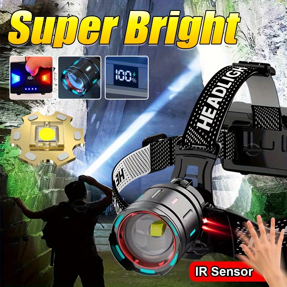 

1pc Super Powerful Led Headlamp, Ir Sensor Headlight, Rechargeable Head Flashlight, Waterproof High Power Headlamp, 1000m Head Lamp Fishing Lantern