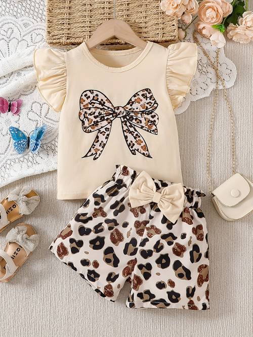 girls clothing leopard print bow pattern ruffle sleeve top with leopard print and three dimensional bow shorts set outdoor