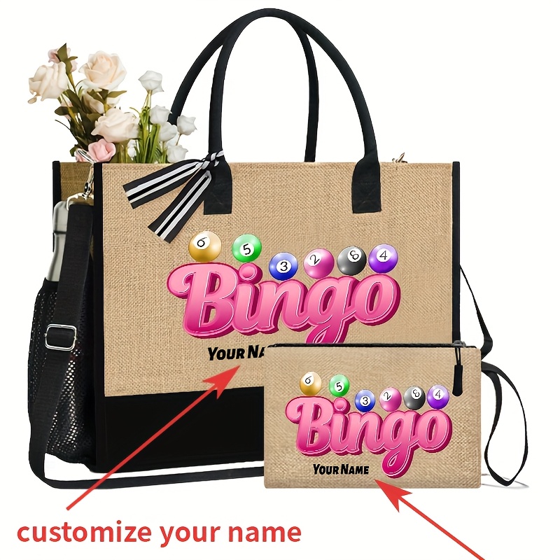 TEMU [customized] Special Edition No. 884, Bingo Element Print, Personalized Custom Your Name Printed Tote Bag 2pcs Setweight Shopping Bag Portable