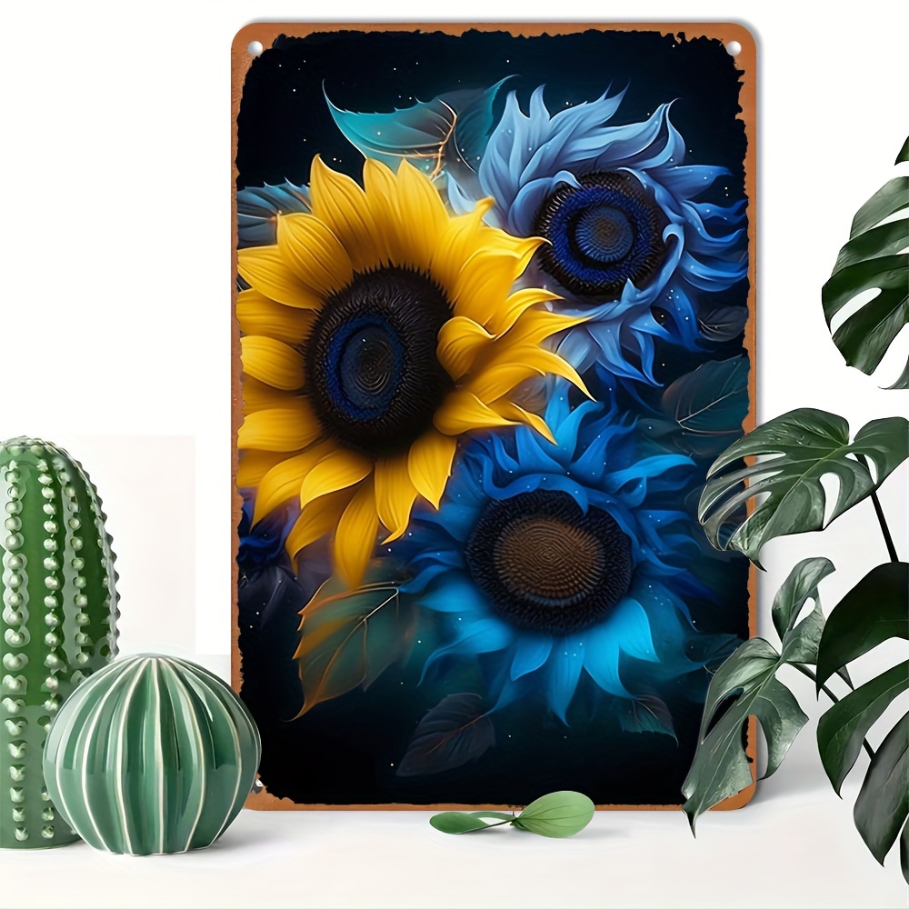 

Sunflower & Blue Flower Art Tin Sign - Aluminum Metal Wall Decor Poster - Reusable, Pre-drilled, Weatherproof For Home, Bar, Pub, Club, Cafe - Gift For Botanical Enthusiasts 14+ (1pc, 8x12inch)