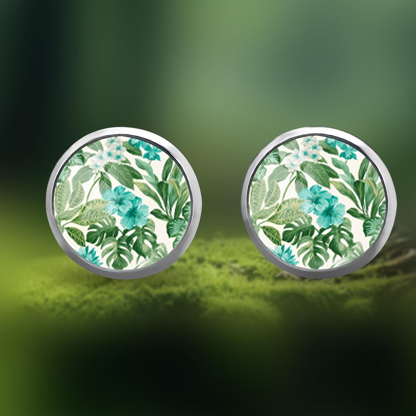 Women's Tropical Monstera Leaf Round Ear Studs, Stainless Steel