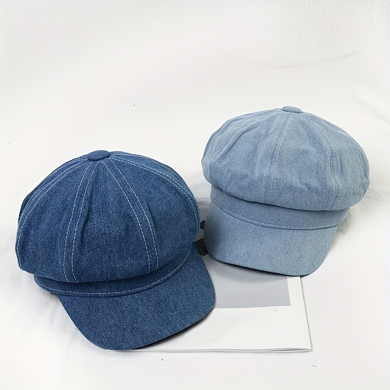 

Blue Denim Newsboy Hat, Unisex Vintage Peaked Hats, Classic 8-panel Flat Caps