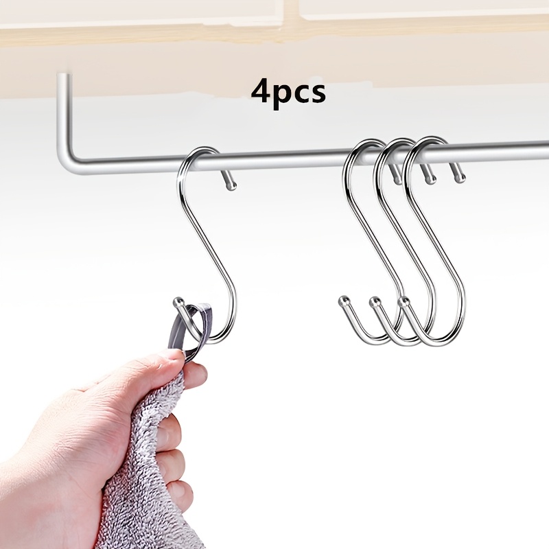 TEMU 2/4pcs Stainless Steel S Hook Thickened Steel Ball S Hook Multifunctional Storage Hat Clothes Kitchen Bathroom Shelf Hook, Utility Hooks
